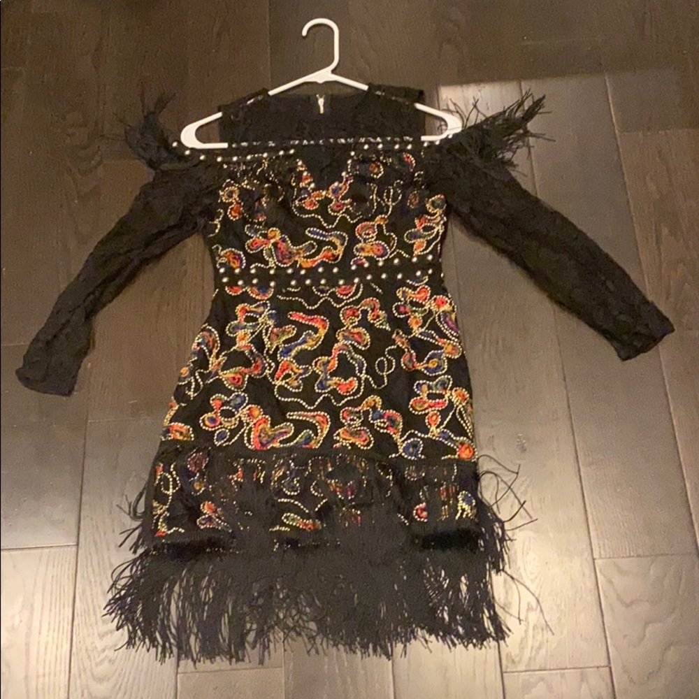 Black fun fringe mini dress